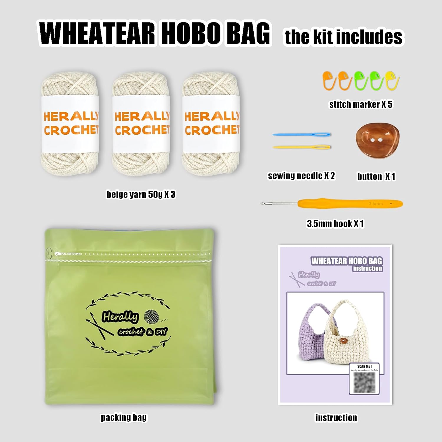 Herally Crochet Kit DIY for Beginners - Include Yarn, Hook and Accessory - with Step by Step Video Tutorials - Wheateat Hobo Bag (Beige)