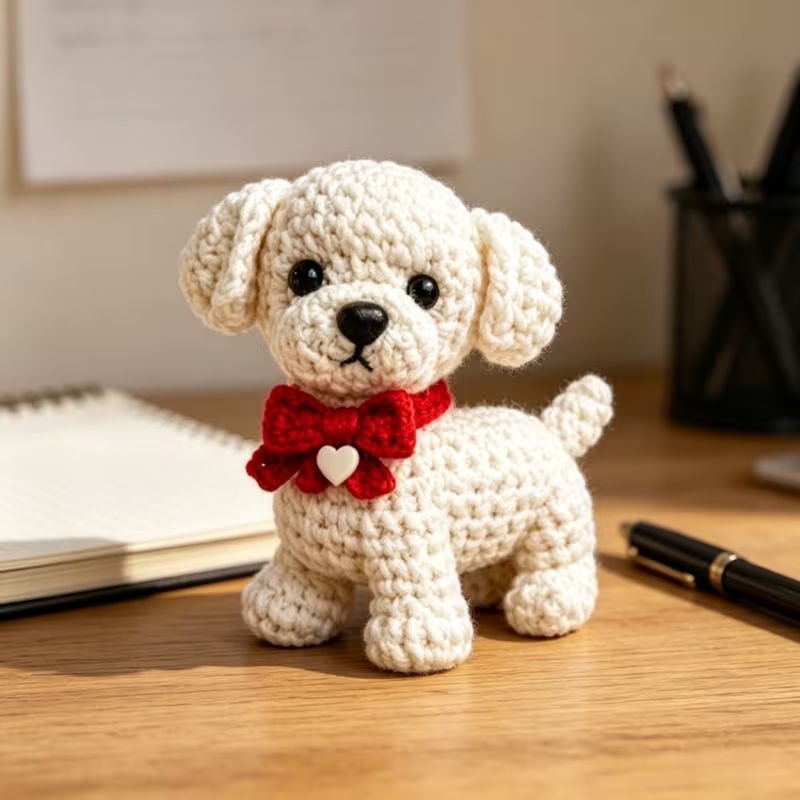 1pc Cute Puppy Crochet Kit for Beginners, Complete DIY Amigurumi Set with Yarn, Tools & Tutorial, Handmade Knitted White Dog with Red Bow, Perfect Gift for Kids & Adults, Easy to Start Crochet Project for Craft Lovers
