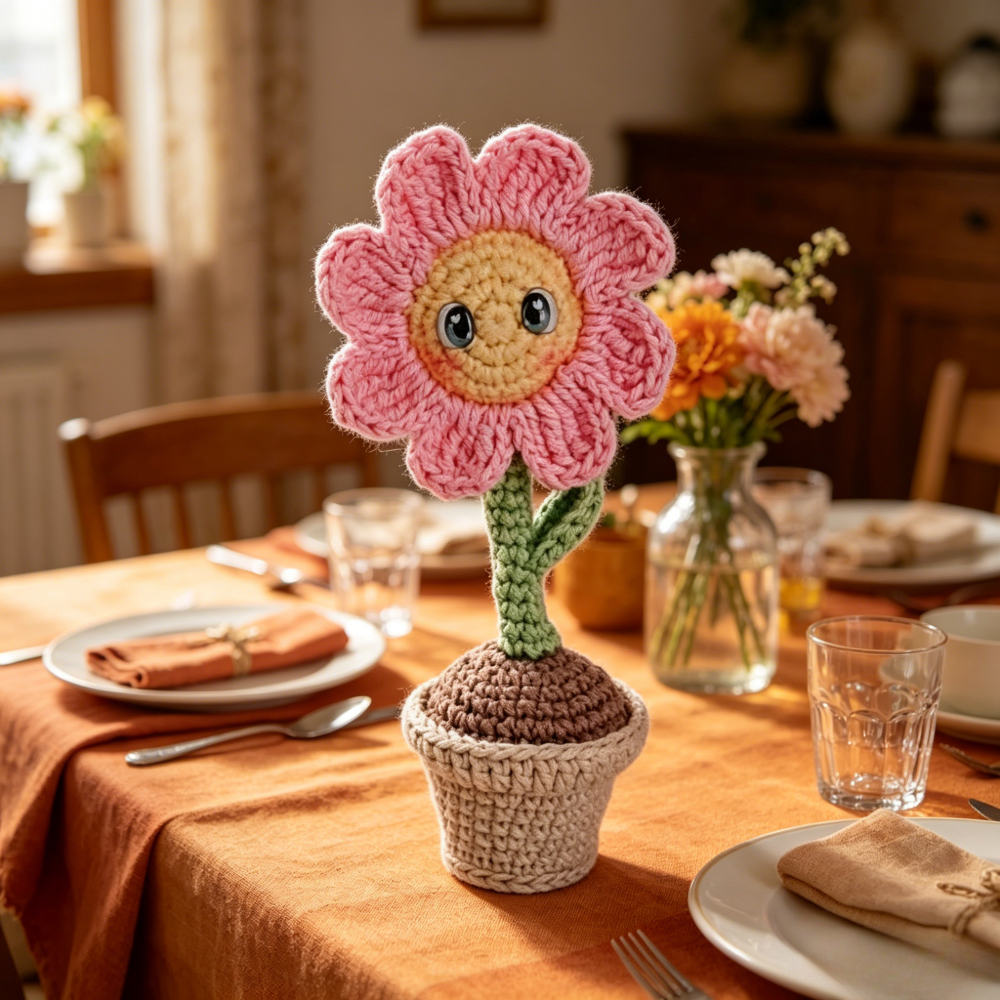 Beginner Friendly Crochet Kit, Cute Potted Smiley Pink Flower Amigurumi Crochet Starter Kit with Yarn, Hook, Needle & Accessories, Complete DIY Craft Set with Tutorial for Adults & Kids, Perfect Home Decor & Handmade Gift-Hookcrafted