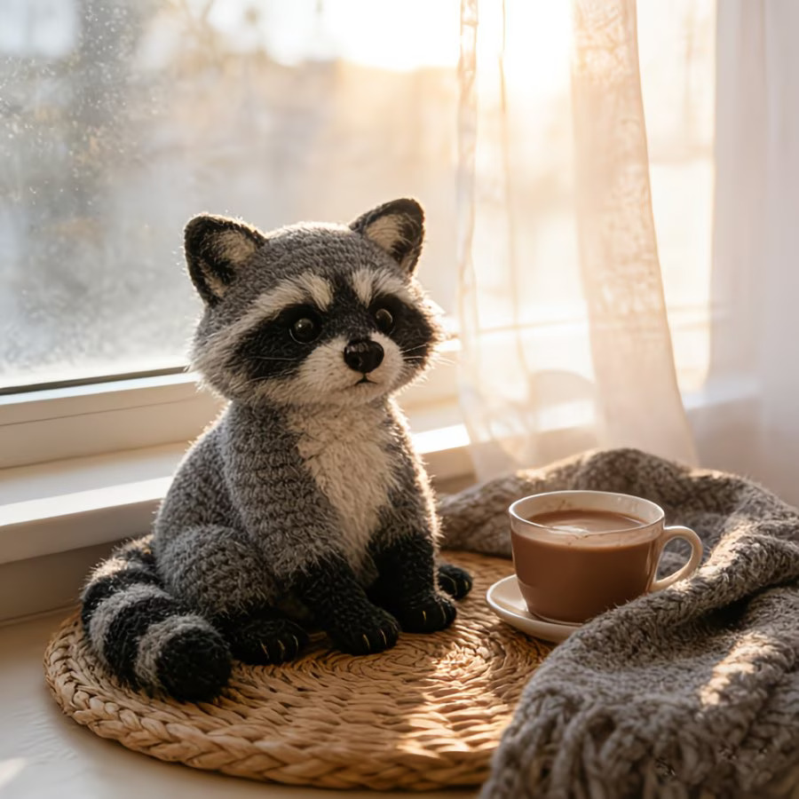 Grey Raccoon Crochet Plush Kit for Beginners | DIY Amigurumi Stuffed Animal Set with Yarn, Hook & Step-by-Step Tutorial | Cute Handmade Gift for Plush Lovers