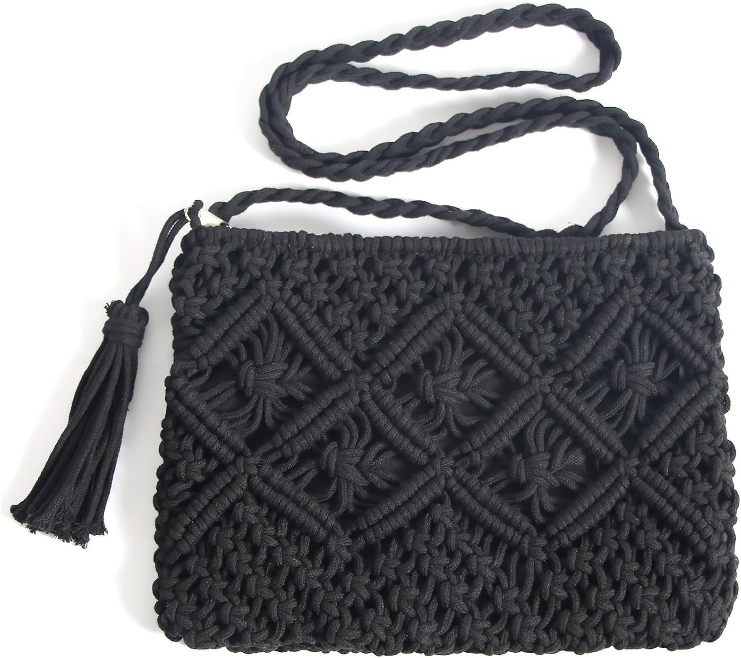 Handmade Crochet Purse Boho Cotton Rope Crossbody Shoulder Bag with Tassel Casual Bag for Women