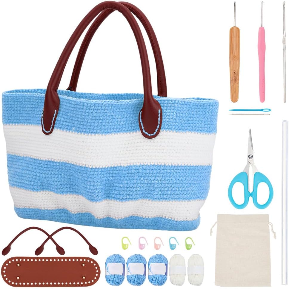 DIY Crochet Handbag Kit for Beginners, Khaki Striped Crochet Bag with PU Leather Band and Base, Complete Crochet Set to Make a Bag, Include Yarn, Crochet Hooks, Markers and Instruction