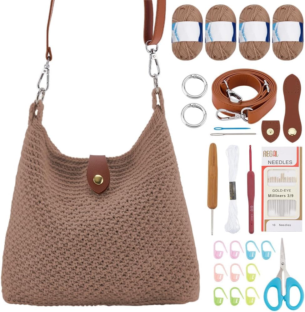 Crochet Bag Kit for Beginners Crochet Purse for Women DIY Tote Bag Making Kit with Step-by-Step Tutorials Knitting Supplies for Adults Crafts Autumn Winter Boho Gift Idea (Beige)