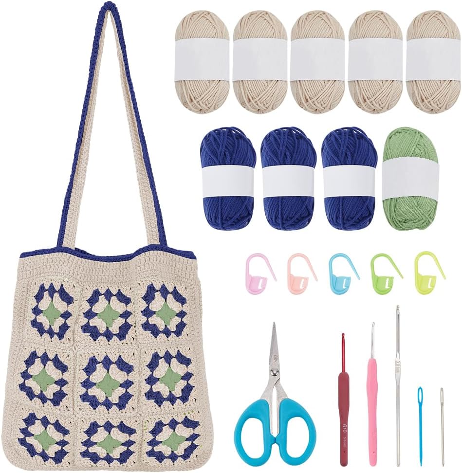 DIY Crochet Tote Bag Kit for Adults, Green Granny Square Shoulder Bag Set for Starter, Complete Accessories Tools to Make a Bag with Instruction and Video-Hookcrafted