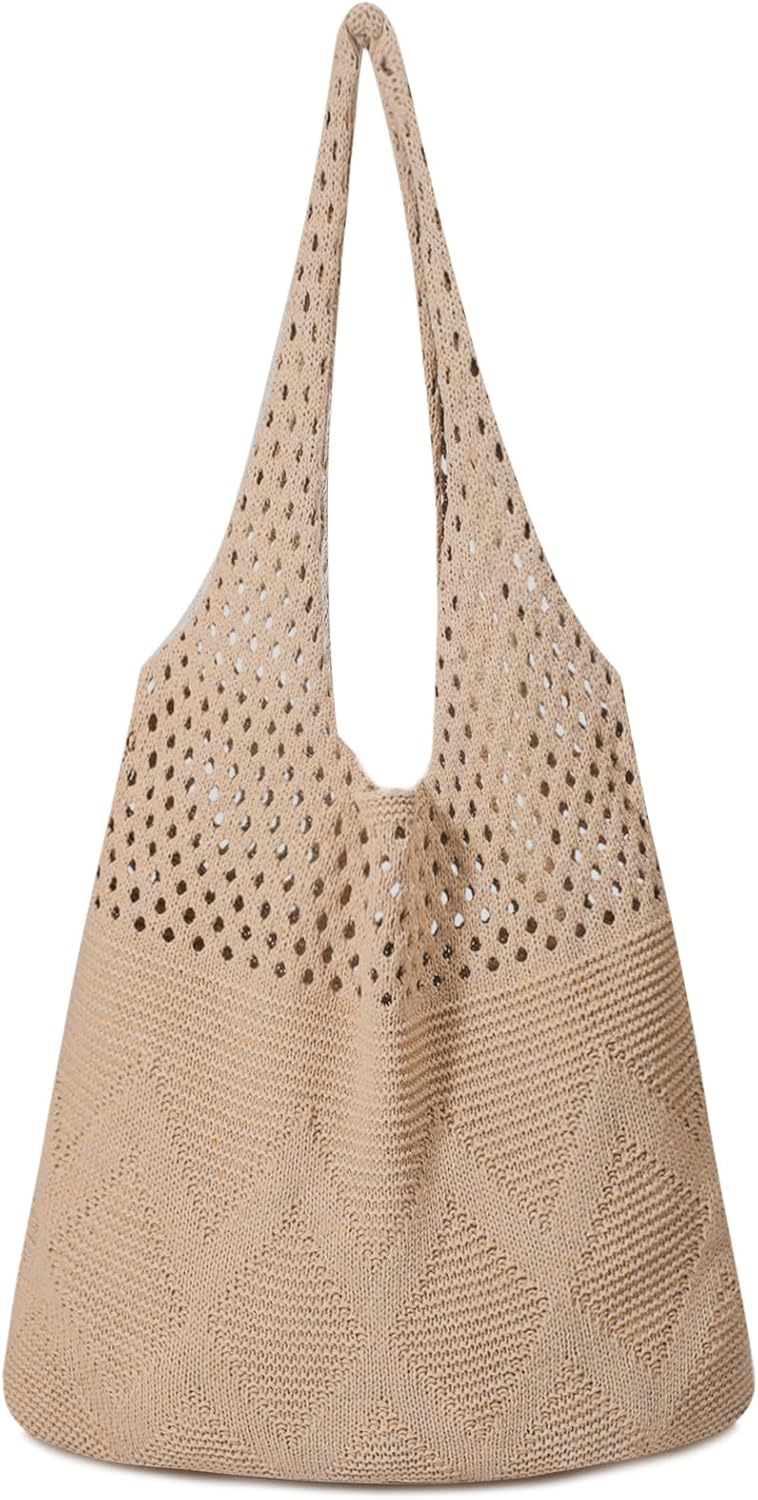 Crochet Tote Bag, Mesh Beach Bag, Knitted Shoulder Beach Bags for Women Vacation Aesthetic Hobo Tote Bags