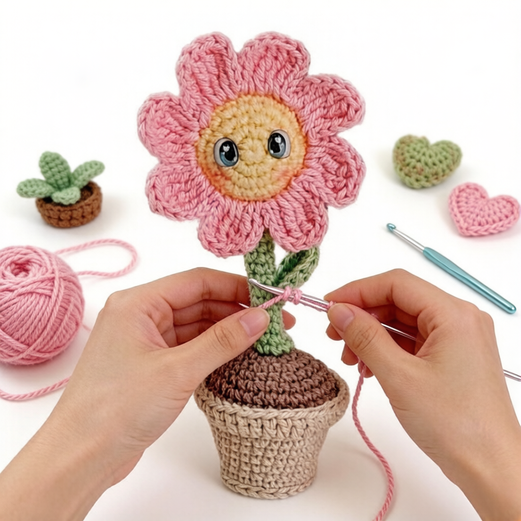 Beginner Friendly Crochet Kit, Cute Potted Smiley Pink Flower Amigurumi Crochet Starter Kit with Yarn, Hook, Needle & Accessories, Complete DIY Craft Set with Tutorial for Adults & Kids, Perfect Home Decor & Handmade Gift-Hookcrafted