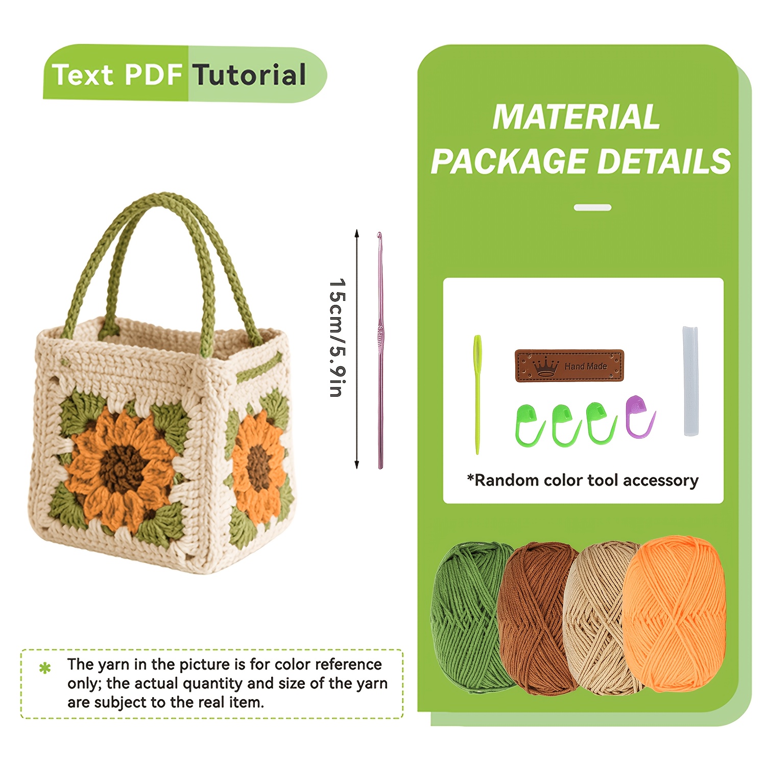 Complete DIY Crochet Sunflower Handbag Craft Kit Suitable for Women's Handmade Making with Yarn, Hook & Buttons - - Crochet Book/Video Tutorial Guide, English Instructions for Adult Beginners, Birthday Gift (No Finished Product)