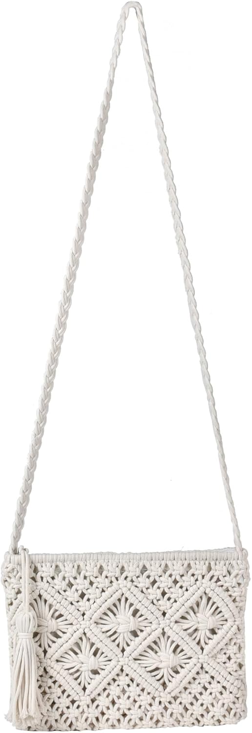 Handmade Crochet Purse Boho Cotton Rope Crossbody Shoulder Bag with Tassel Casual Bag for Women
