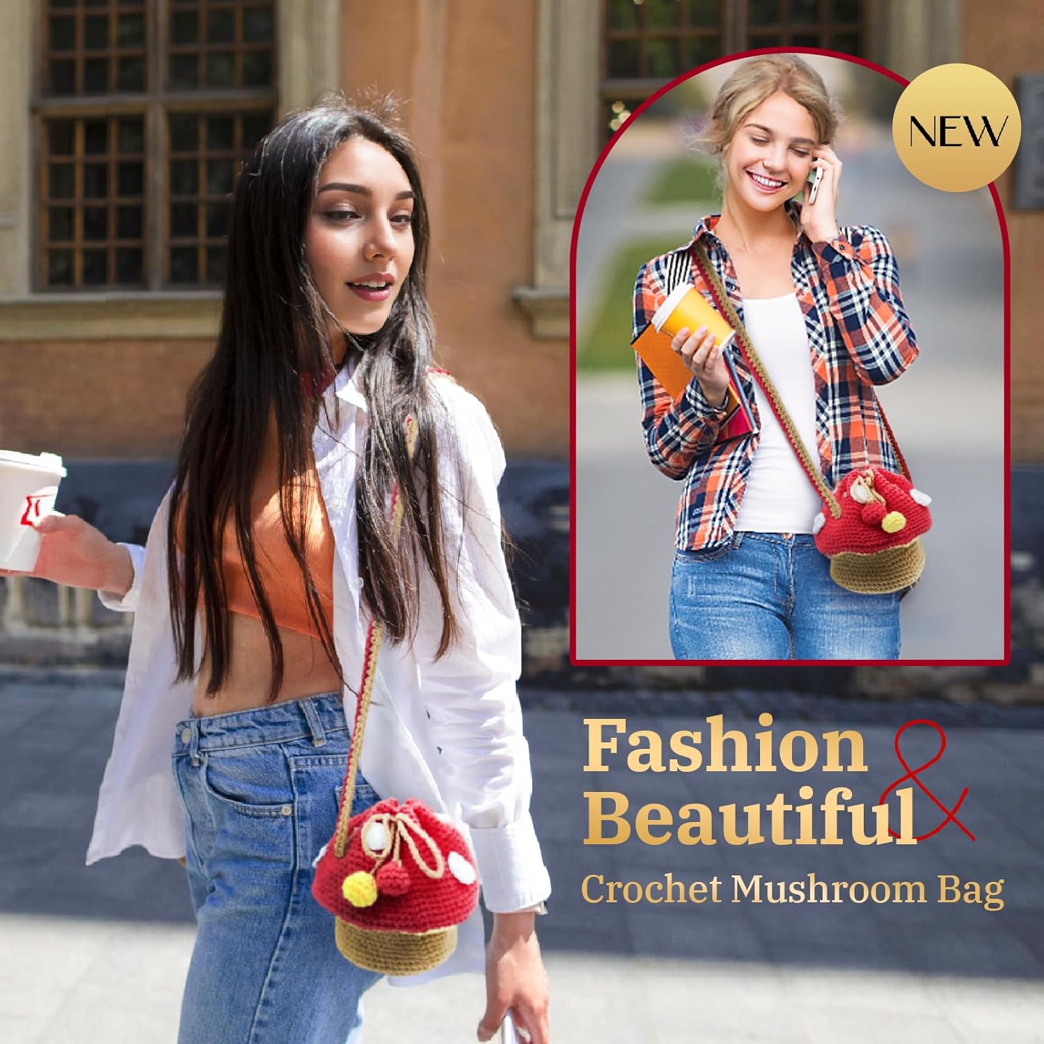 Crochet Kit for Beginners with Step-by-Step Video Tutorials – DIY Mushroom Crossbody Purse Bag, Crochet Bag Kit for Women, Knitting Kit, Handcraft Kit