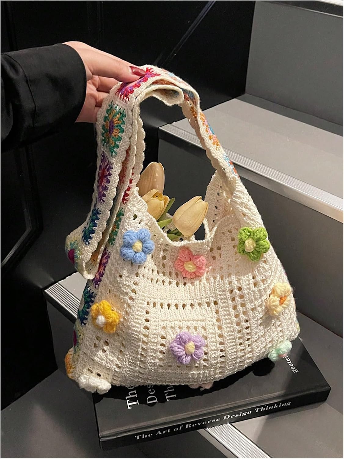 Women's Crochet Tote Bag Hollow Out Slouchy Crossbody Beach Shoulder Bag for Travel Daily