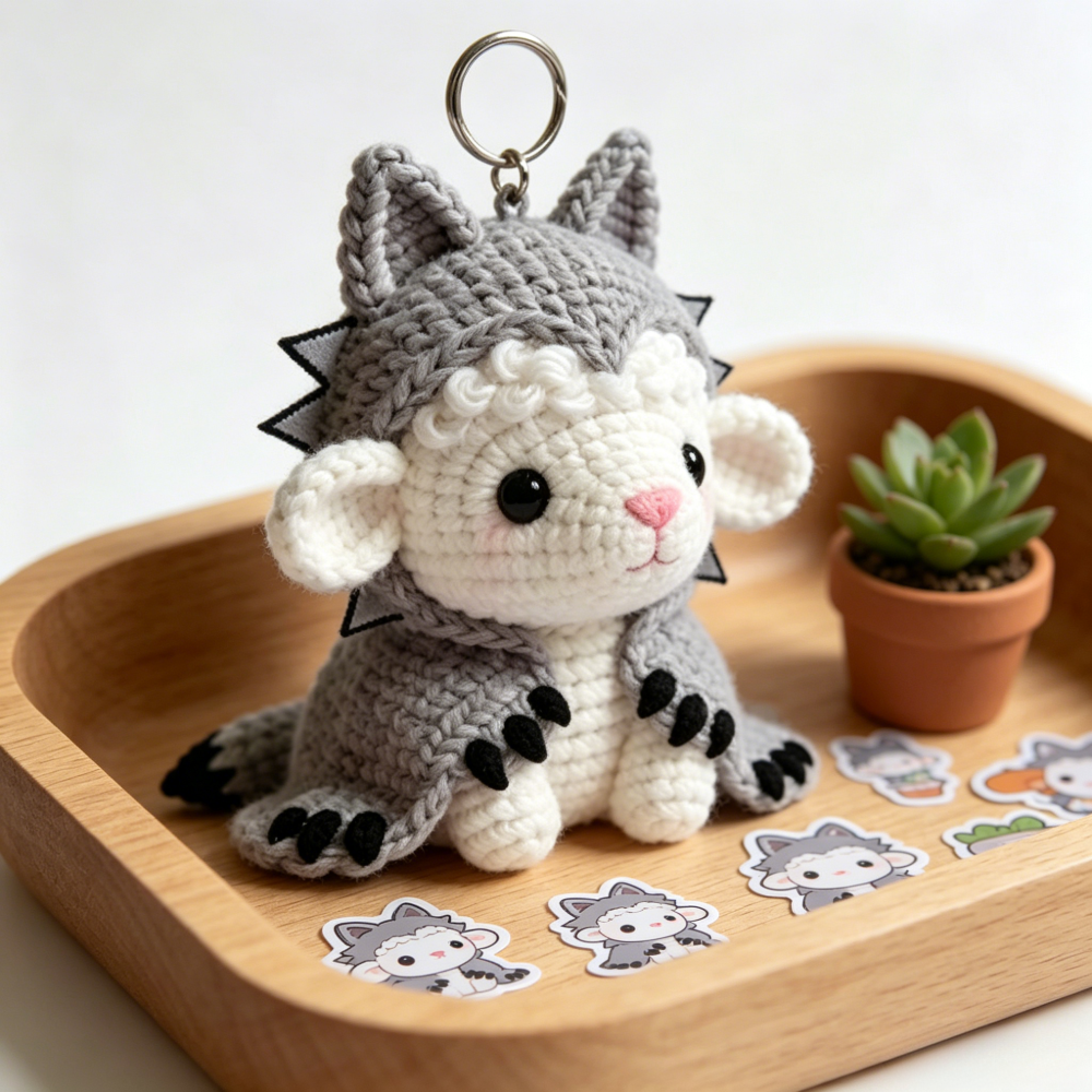 Beginner Friendly Wolf Sheep Keychain Crochet Kit, Cute Mini Lamb in Wolf Costume Amigurumi Crochet Starter Kit with Yarn, Hook, Needle & Accessories, Complete DIY Craft Set with Tutorial for Adults & Kids, Perfect Bag Charm & Handmade Gift