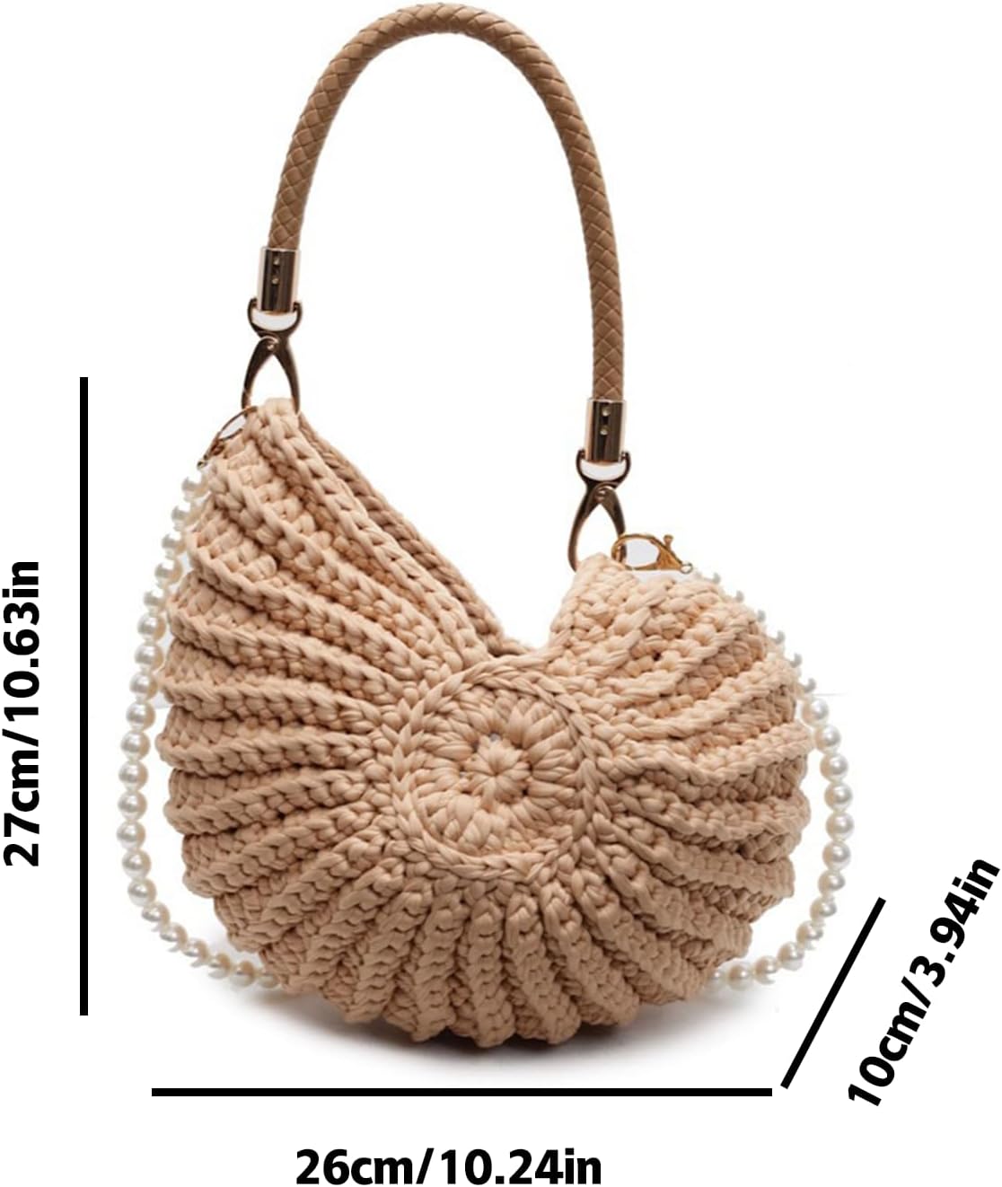 Woven Shell Shaped Crossbody Bag for Women, Boho Beach Purse with Pearl Strap and Top Handle