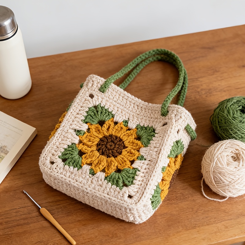 Complete DIY Crochet Sunflower Handbag Craft Kit Suitable for Women's Handmade Making with Yarn, Hook & Buttons - - Crochet Book/Video Tutorial Guide, English Instructions for Adult Beginners, Birthday Gift (No Finished Product)