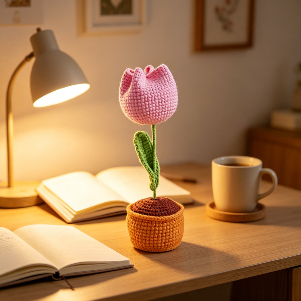 Beginner Friendly Tulip Crochet Kit, Potted Pink Tulip Amigurumi Crochet Starter Kit with Yarn, Hook, Needle & Accessories, Complete DIY Craft Set with Tutorial for Adults & Kids, Perfect Home Decor & Handmade Gift