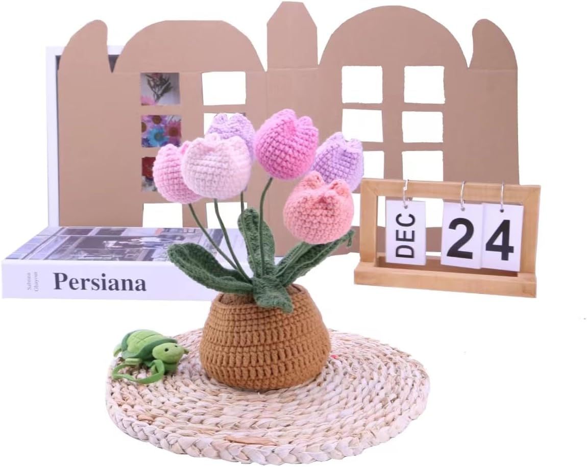 Hand-Crocheted Tulip Potted Plants, Artificial Decorative Plants on the Home Office Table, and Unique Intimate Gifts for Family, Friends and Women (Anniversary, Birthday)