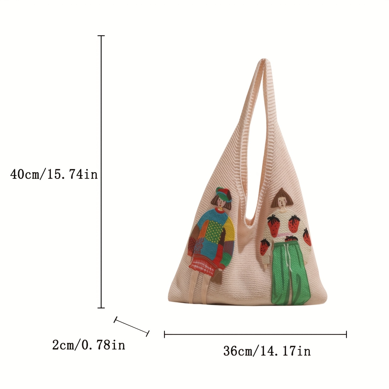 Women'S Spacious Woven Vest Bag, Lightweight Casual Shoulder Tote, Knitted Handbag with Cartoon Motif, Ideal for Shopping