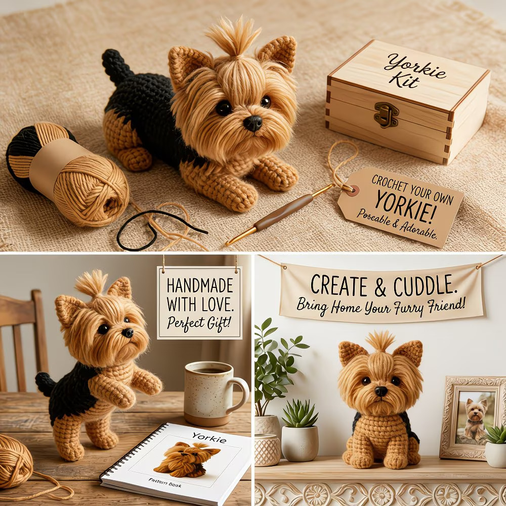 1pc Golden Yorkie Crochet Kit  Beginner'S Amigurumi With Yarn, Hook & Video Instructions Included, All Seasons, Fabric, Mixed Color - An Unmissable Adult Crochet Project With Step-By-Step Video Tutorials And Basic English Instruction Manual