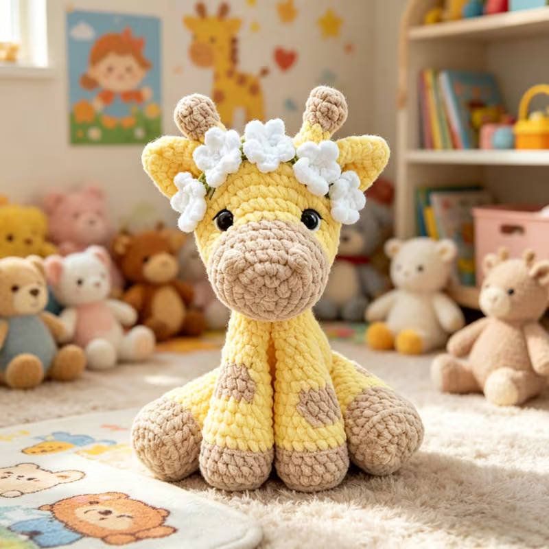 1pc Cute Flower Crown Giraffe Crochet Kit for Beginners, Complete DIY Amigurumi Giraffe Plush Doll Craft Set with All Materials, Yarn, Tools & Tutorial, Handmade Knitted Giraffe with Floral Headband, Perfect Gift for Kids, Safari Lovers, Home Decor