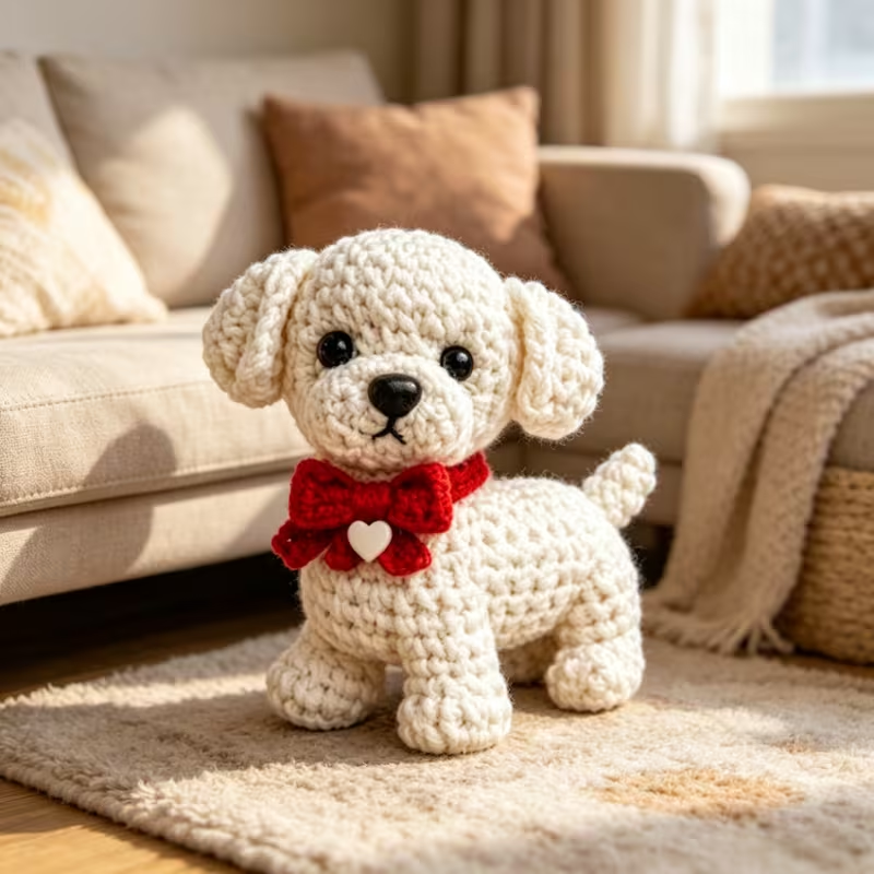 1pc Cute Puppy Crochet Kit for Beginners, Complete DIY Amigurumi Set with Yarn, Tools & Tutorial, Handmade Knitted White Dog with Red Bow, Perfect Gift for Kids & Adults, Easy to Start Crochet Project for Craft Lovers