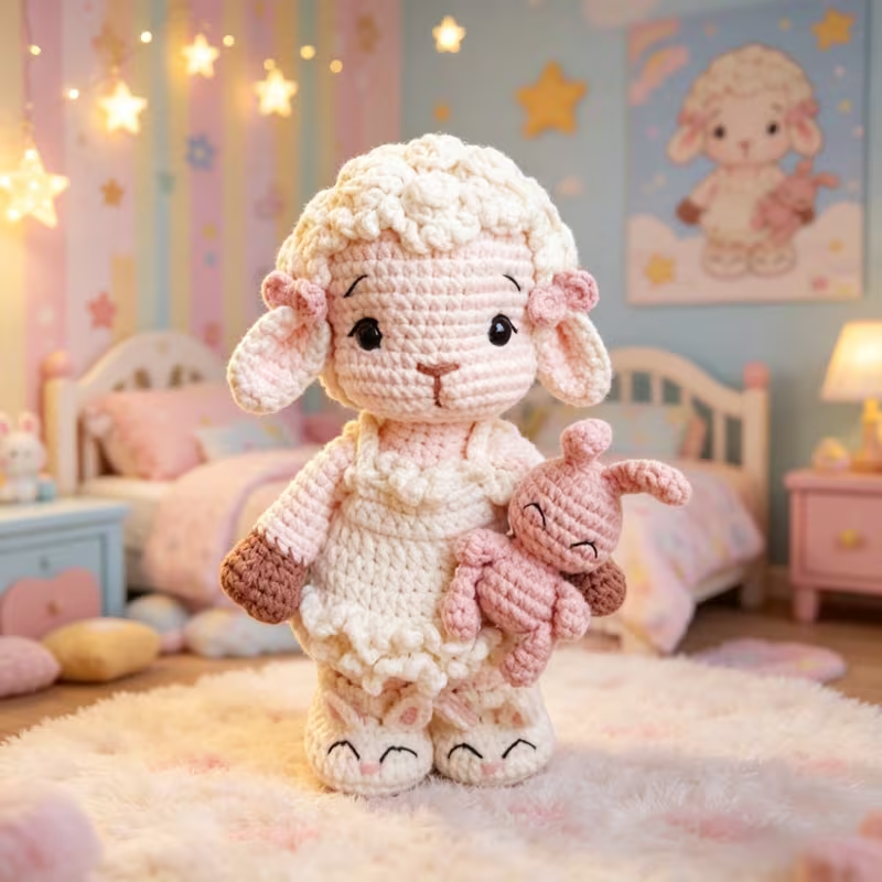 1pc Complete DIY Crochet Amigurumi Lamb & Bunny Kit Suitable for Beginners with Yarn, Tools & Step-by-Step Instructions - Handmade Sheep Doll Plush Craft Project, Pink Bunny Toy Gift for Kids, Nursery Decor, Adults & Crafters