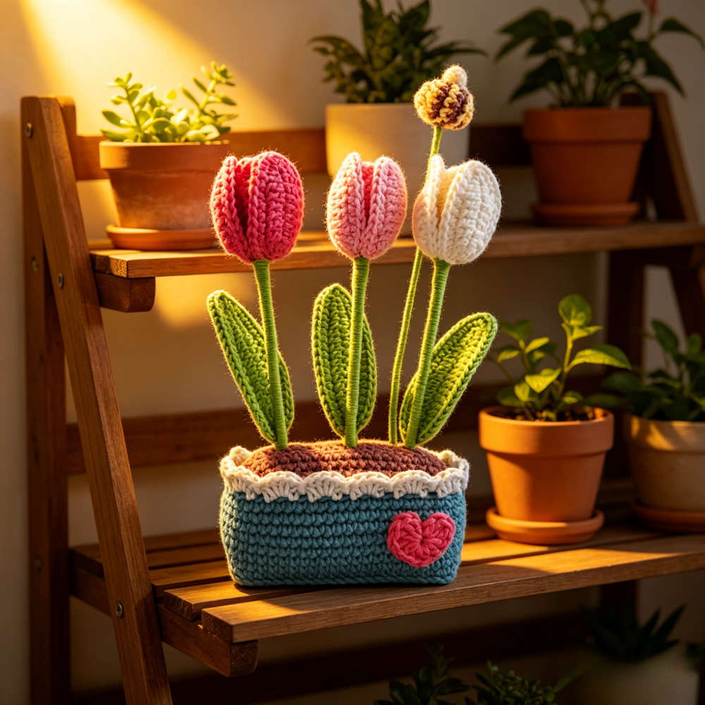 Beginner Friendly Crochet Kit, Potted Tulip Flowers Amigurumi Crochet Starter Kit with Yarn, Hook, Needle & Accessories, Complete DIY Craft Set with Tutorial for Adults & Kids, Perfect Home Decor & Handmade Gift