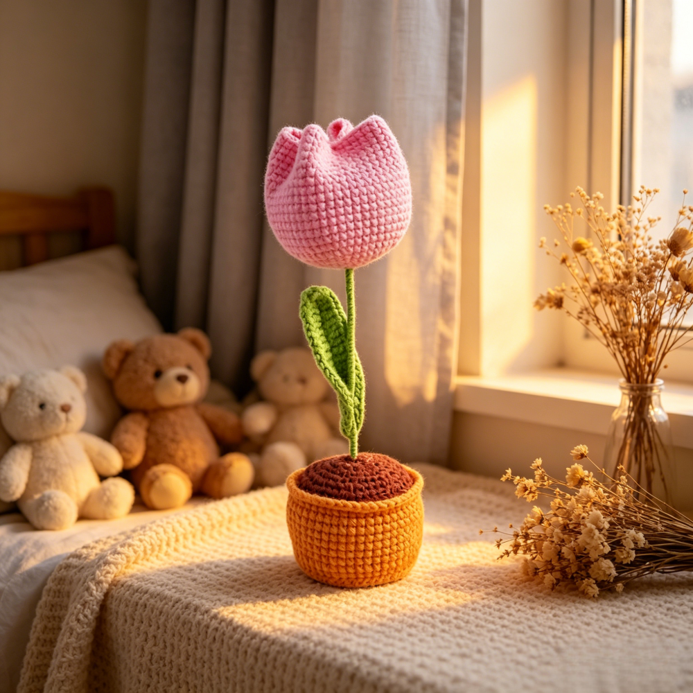 Beginner Friendly Tulip Crochet Kit, Potted Pink Tulip Amigurumi Crochet Starter Kit with Yarn, Hook, Needle & Accessories, Complete DIY Craft Set with Tutorial for Adults & Kids, Perfect Home Decor & Handmade Gift