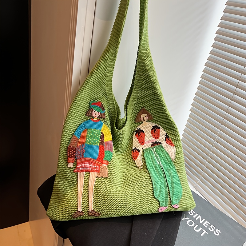 Women'S Spacious Woven Vest Bag, Lightweight Casual Shoulder Tote, Knitted Handbag with Cartoon Motif, Ideal for Shopping