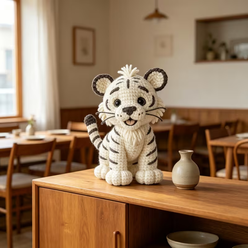 1pc Cute White Tiger Crochet Kit for Beginners, Complete Amigurumi Tiger Plush Doll Craft Set with All Materials, Yarn, Tools & Step-by-Step Instructions, Handmade Knitted White Tiger Cub, Perfect Gift for Kids, Animal Lovers, Home Decor
