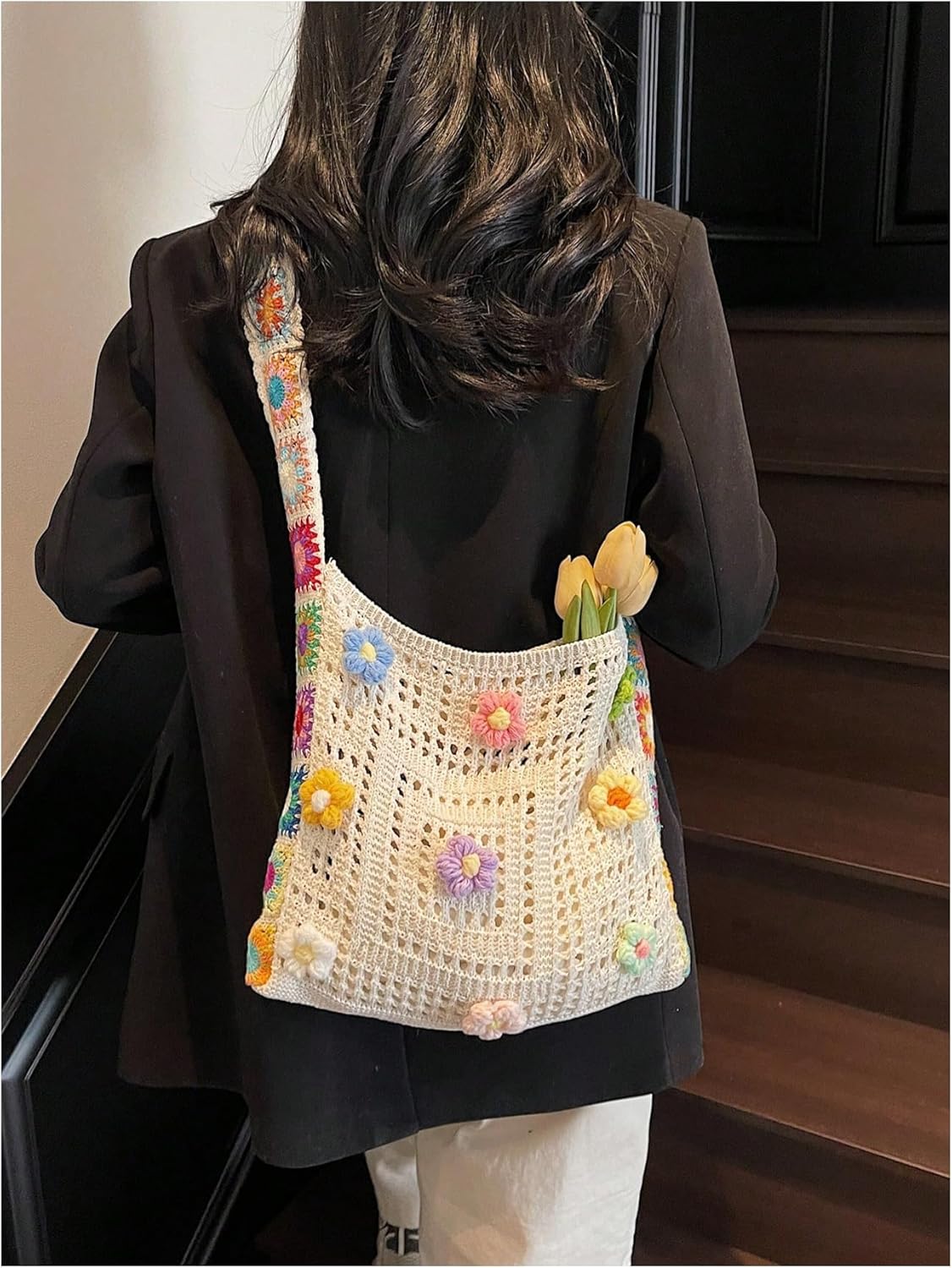 Women's Crochet Tote Bag Hollow Out Slouchy Crossbody Beach Shoulder Bag for Travel Daily