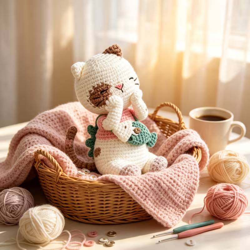 1pc Complete DIY Crochet Amigurumi Kitten Plush Doll Kit Suitable for Beginners with Yarn, Tools & Tutorial - Handmade Cat with Fish Craft, Yarn & Hooked Crochet Project for Adults, Kids, Cat Lovers Gift, Home Decor, Easy Fun Project
