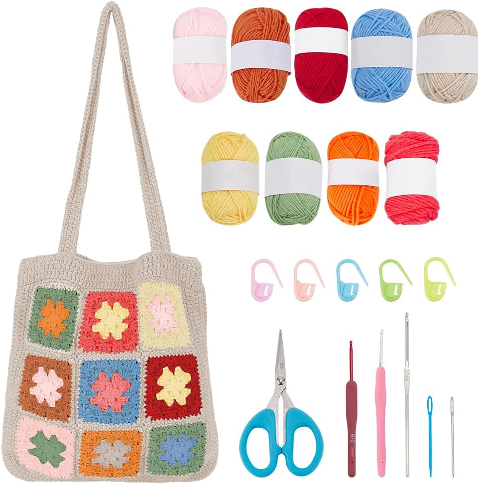 DIY Crochet Tote Bag Kit for Adults, Green Granny Square Shoulder Bag Set for Starter, Complete Accessories Tools to Make a Bag with Instruction and Video-Hookcrafted