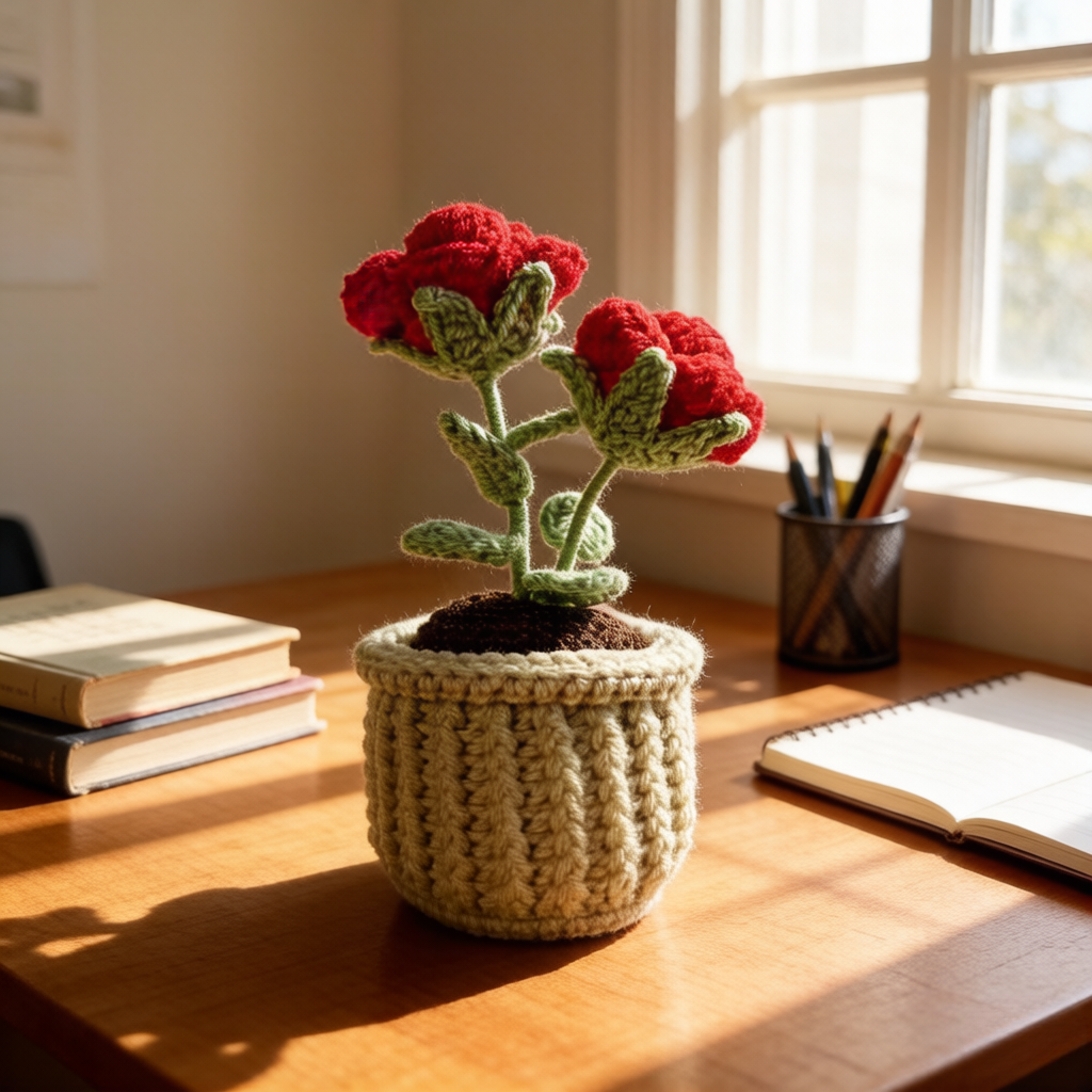 Beginner Friendly Rose Crochet Kit, Potted Red Rose Amigurumi Crochet Starter Kit with Yarn, Hook, Needle & Accessories, Complete DIY Craft Set with Tutorial for Adults & Kids, Perfect Home Decor & Handmade Gift