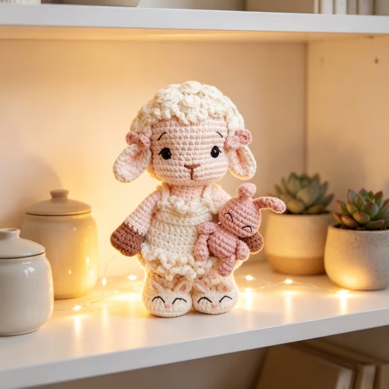 1pc Complete DIY Crochet Amigurumi Lamb & Bunny Kit Suitable for Beginners with Yarn, Tools & Step-by-Step Instructions - Handmade Sheep Doll Plush Craft Project, Pink Bunny Toy Gift for Kids, Nursery Decor, Adults & Crafters