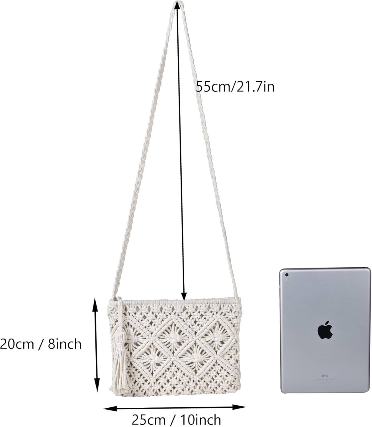 Handmade Crochet Purse Boho Cotton Rope Crossbody Shoulder Bag with Tassel Casual Bag for Women