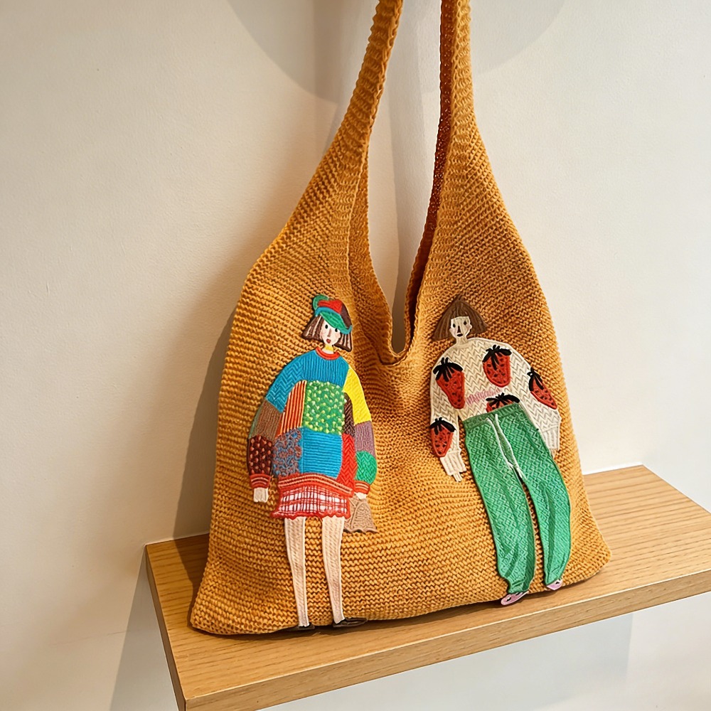 Women'S Spacious Woven Vest Bag, Lightweight Casual Shoulder Tote, Knitted Handbag with Cartoon Motif, Ideal for Shopping