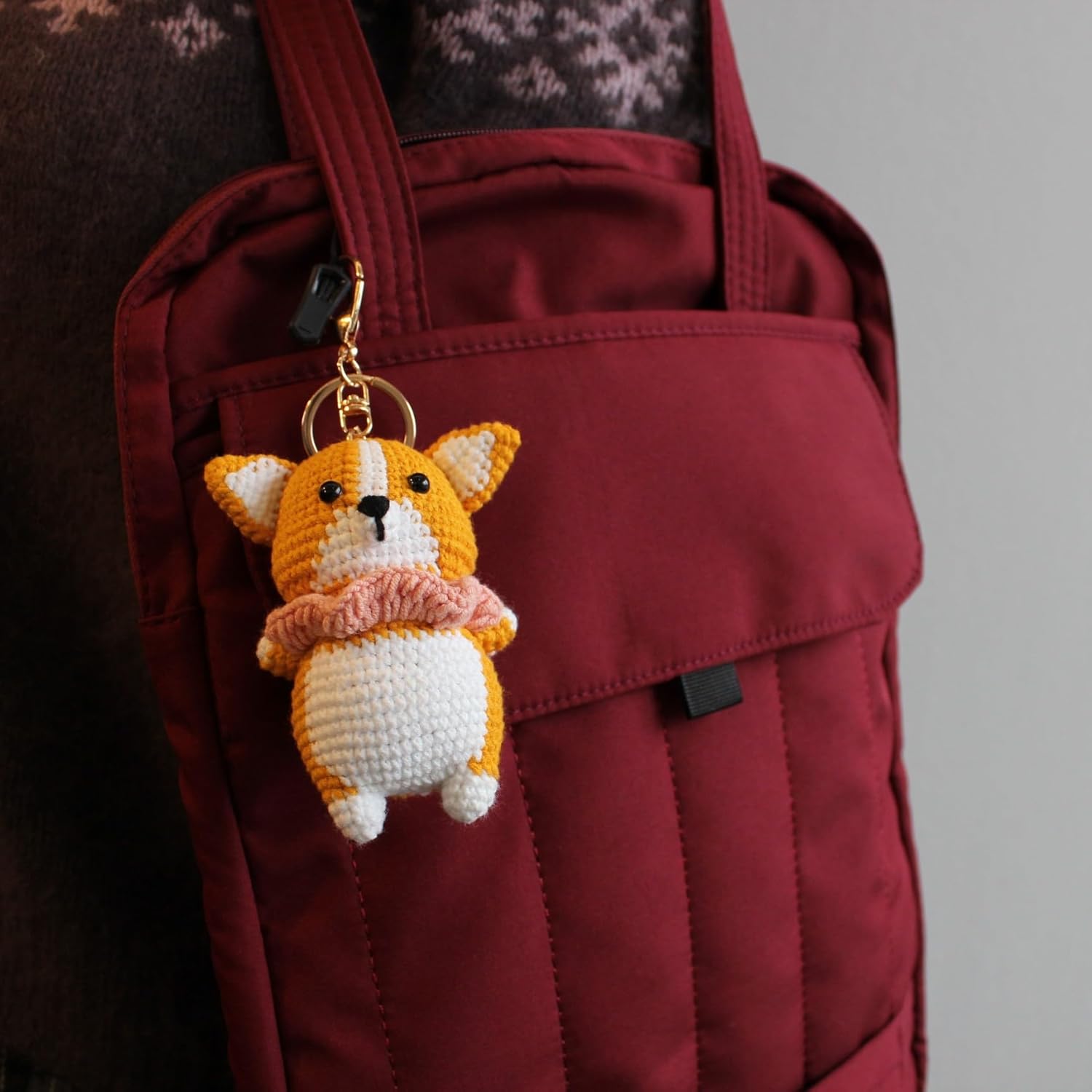 Handmade Crochet Animal Bag Charm Cute Knitted Hanging Ornament, Handcrafted Accessory for bag Kawaii Gift (corgi dog)-Hookcrafted