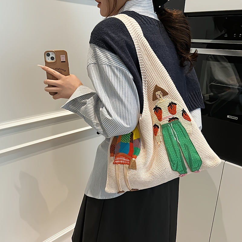 Women'S Spacious Woven Vest Bag, Lightweight Casual Shoulder Tote, Knitted Handbag with Cartoon Motif, Ideal for Shopping
