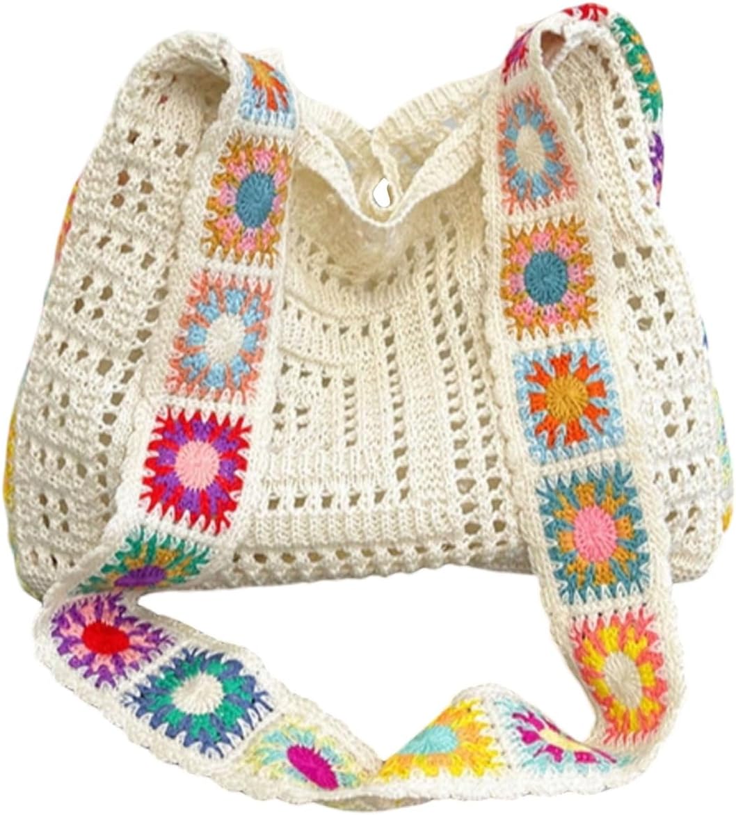 Women's Crochet Tote Bag Hollow Out Slouchy Crossbody Beach Shoulder Bag for Travel Daily