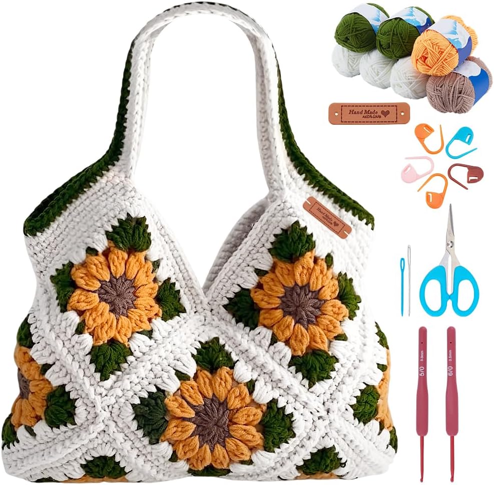 Crochet Sunflower Tote Bag Kit Beginners Crochet Kit for Adults with Step-by-Step Video Tutorials Knitting Handbag Set