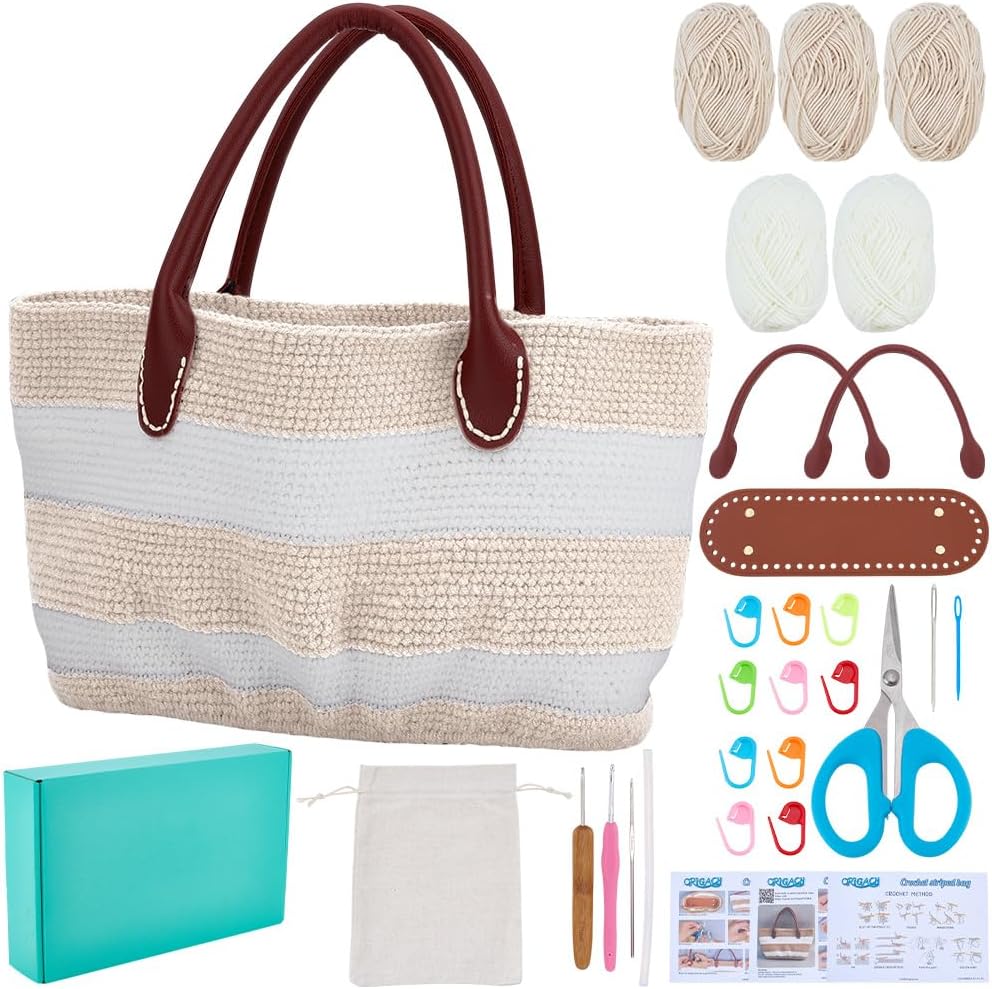 DIY Crochet Handbag Kit for Beginners, Khaki Striped Crochet Bag with PU Leather Band and Base, Complete Crochet Set to Make a Bag, Include Yarn, Crochet Hooks, Markers and Instruction