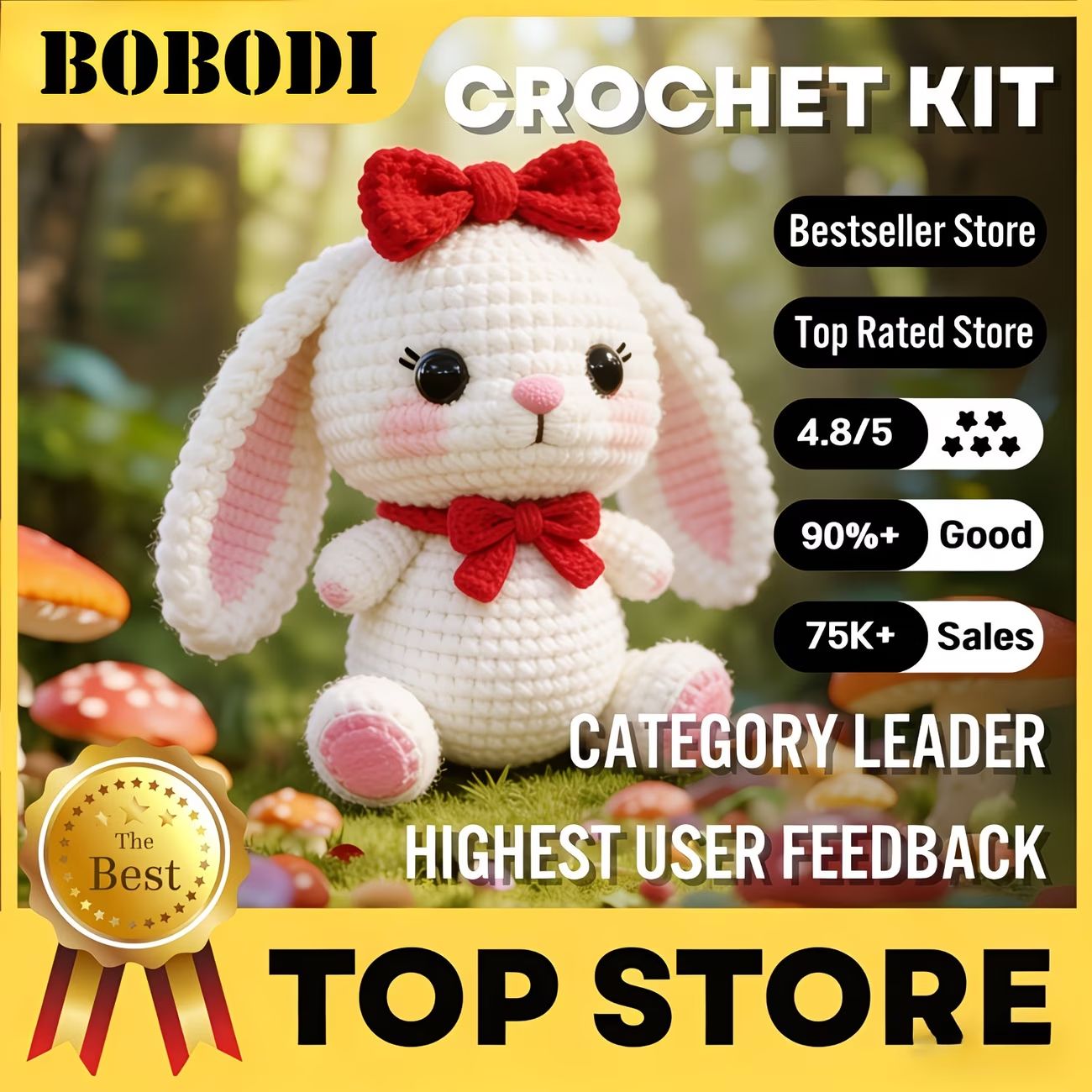 Red Bow Bunny Crochet Plush Kit for Beginners | DIY Amigurumi Stuffed Animal Set with Yarn, Hook & Step-by-Step Tutorial | Sweet Handmade Gift for Rabbit Lovers-Hookcrafted