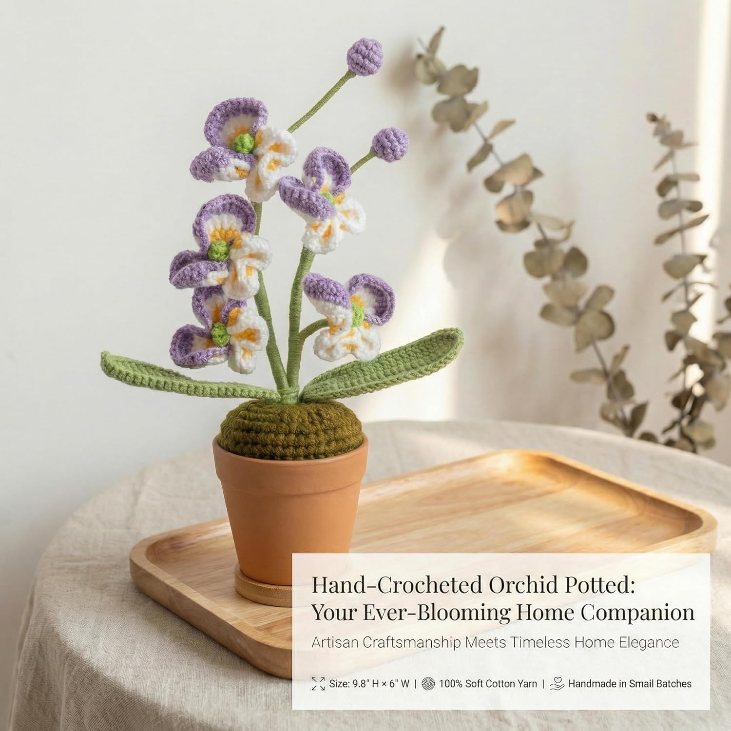 Handmade Crochet Orchid Potted Plants, Knitted Artificial Forever Flowers with Exquisite Pot, for Friends, Women, and Kids, Ideal for Home Decorations and Office Desks Wooden