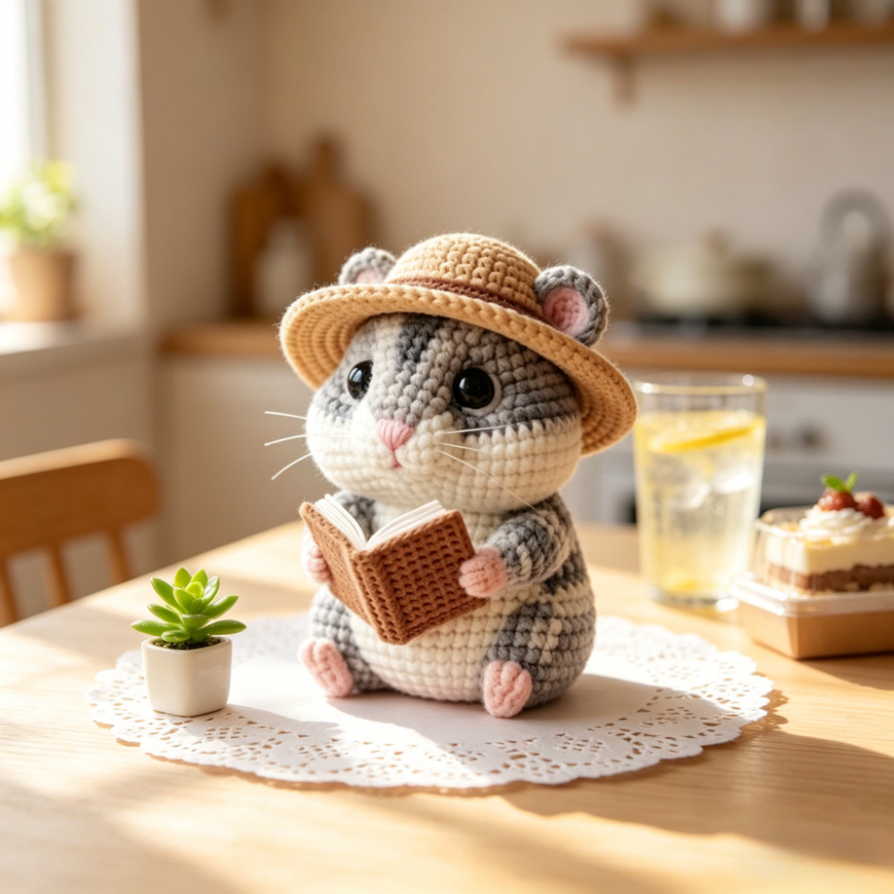 Adorable Hamster Crochet Kit, Full Amigurumi Pet Doll Craft Set with All Supplies: Soft Yarn, Hook, Safety Eyes, Fluffy Stuffing & Tutorial, Handmade Knitted Hamster Plush with Book/Flower/Pirate Style, Great Gift for Animal Lovers, Home Decor