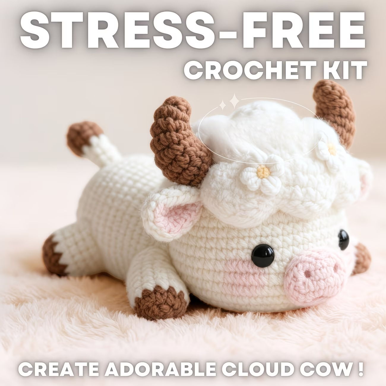 Cloud Cow Crochet Plush Kit for Beginners | DIY Amigurumi Stuffed Animal Set with Yarn, Hook & Step-by-Step Tutorial | Cute Handmade Gift for Craft Lovers