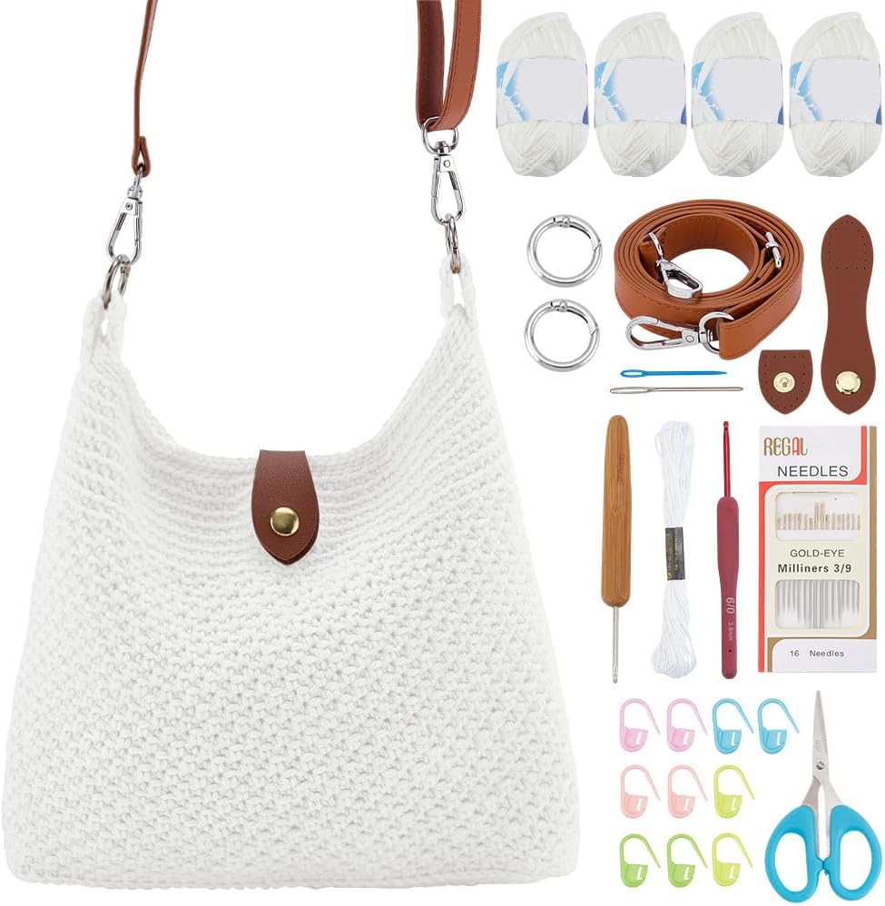 Crochet Bag Kit for Beginners Crochet Purse for Women DIY Tote Bag Making Kit with Step-by-Step Tutorials Knitting Supplies for Adults Crafts Autumn Winter Boho Gift Idea (Beige)