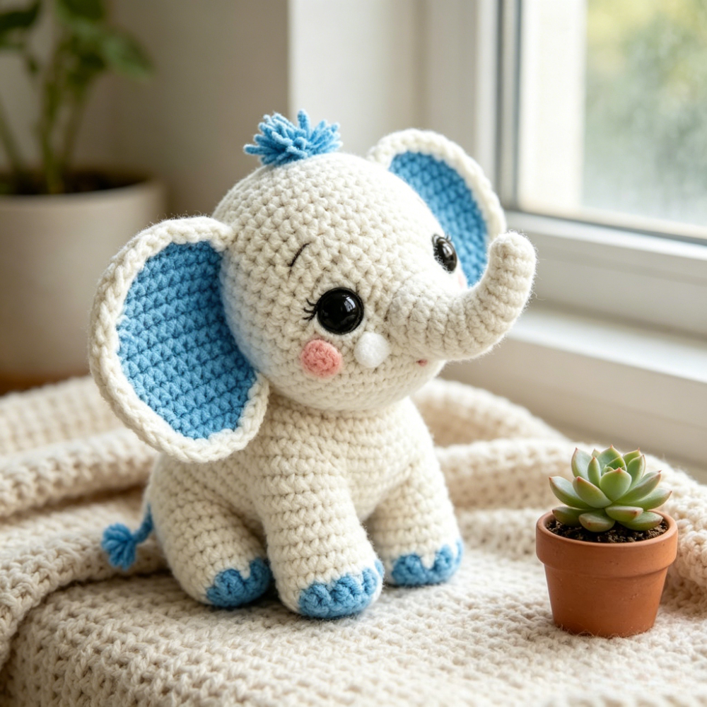 1pc Cute Elephant Crochet Kit for Beginners, Complete Amigurumi Set with Yarn, Tools And Tutorial, Handmade Knitted White And Blue Elephant Plush, Perfect Gift for Kids And Adults, Easy to Start Crochet Project for Craft Lovers-Hookcrafted