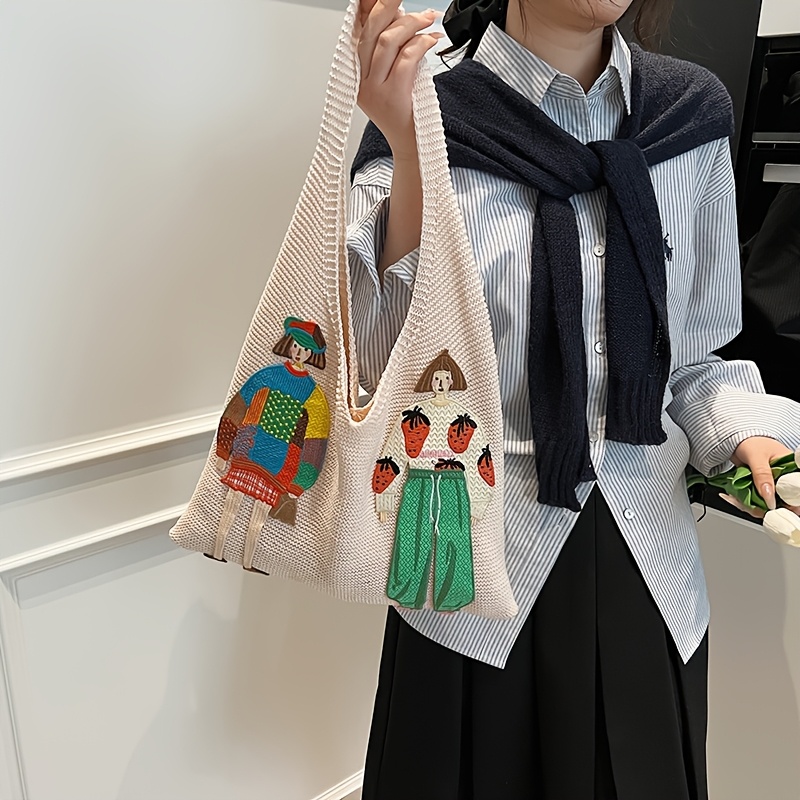 Women'S Spacious Woven Vest Bag, Lightweight Casual Shoulder Tote, Knitted Handbag with Cartoon Motif, Ideal for Shopping