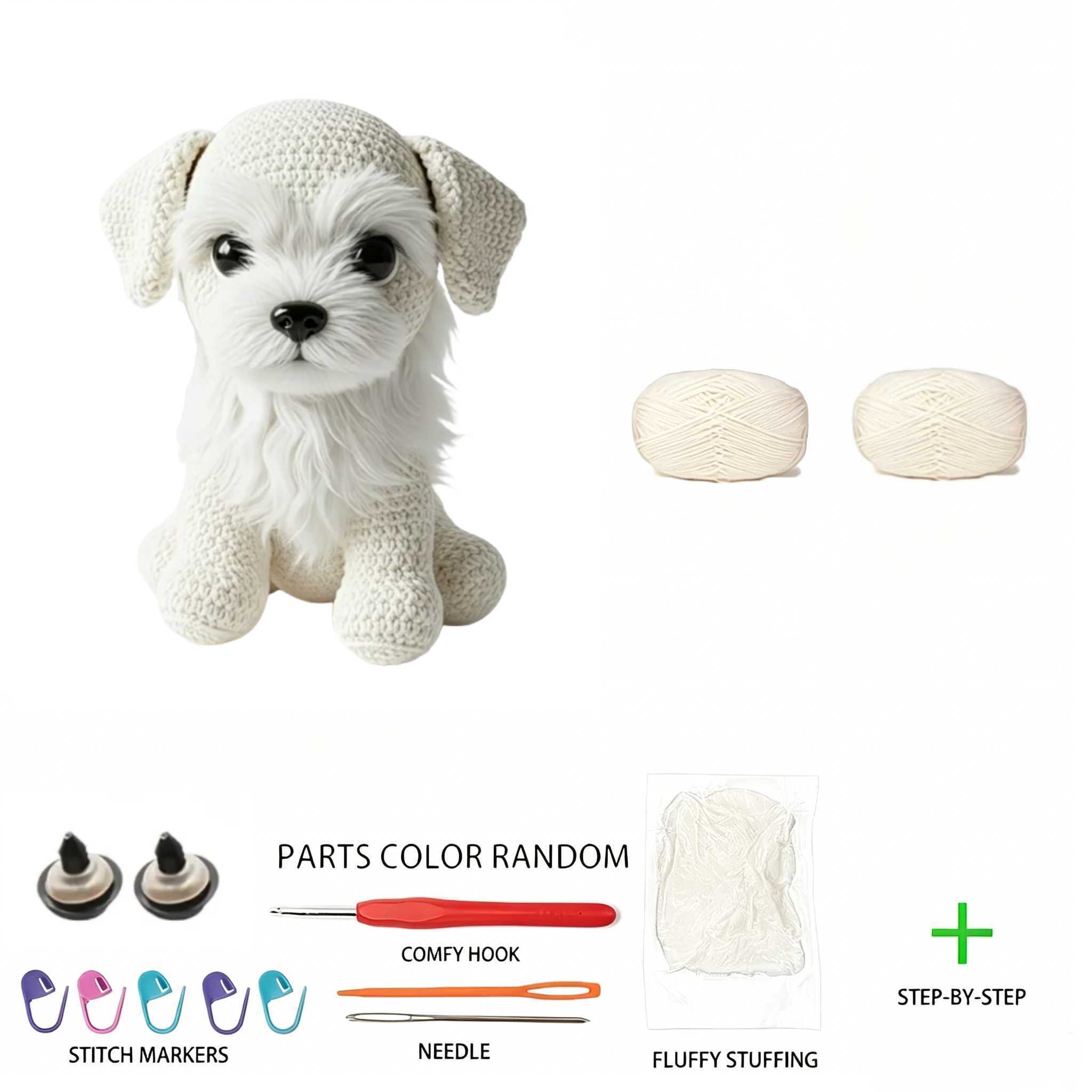 Maltese Puppy Crochet Plush Kit for Beginners | DIY Amigurumi Stuffed Animal Set with Yarn, Hook & Step-by-Step Tutorial | Cute Handmade Gift for Dog Lovers