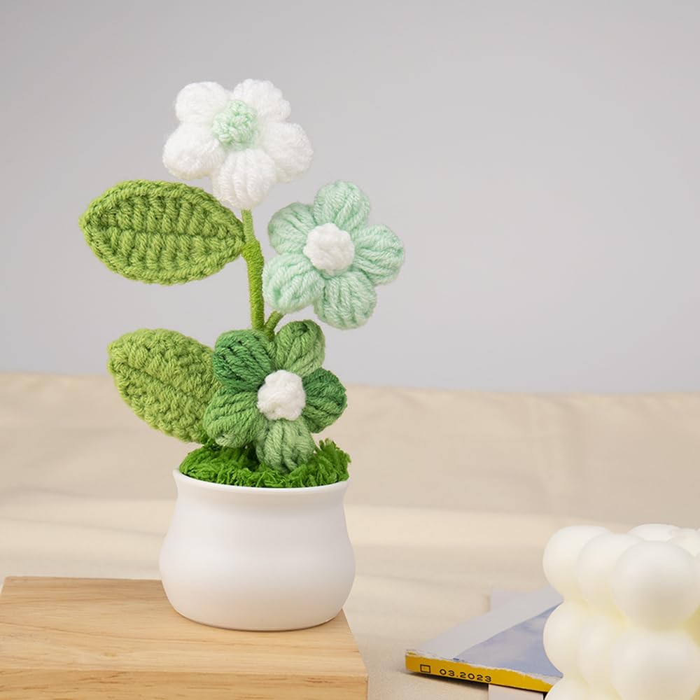 Knitting Crochet Puff Flowers Potted Plants, Gradient Colorful Flowers for Friends, Family and Lover, Handmade Flowers for Home Office Decoration, Car Decoration, Valentine's Gift.