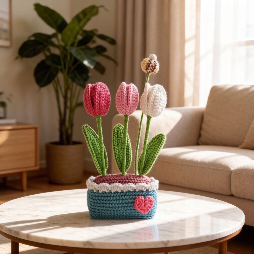 Beginner Friendly Crochet Kit, Potted Tulip Flowers Amigurumi Crochet Starter Kit with Yarn, Hook, Needle & Accessories, Complete DIY Craft Set with Tutorial for Adults & Kids, Perfect Home Decor & Handmade Gift